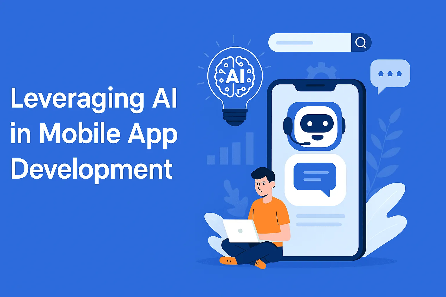 Illustration of a developer with a laptop beside a smartphone showing an AI chatbot, titled Leveraging AI in Mobile App Development