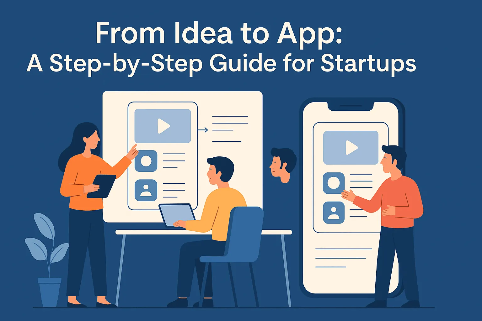 Illustration of a startup team planning app screens on a board and a large phone, titled From Idea to App: A Step-by-Step Guide for Startups