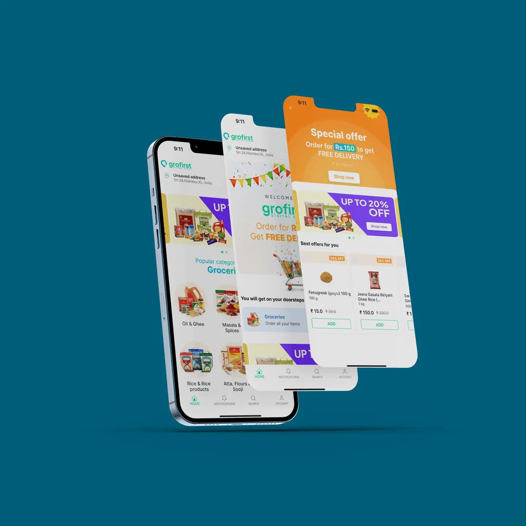 Grofirst grocery app screens: home, offers and product listings